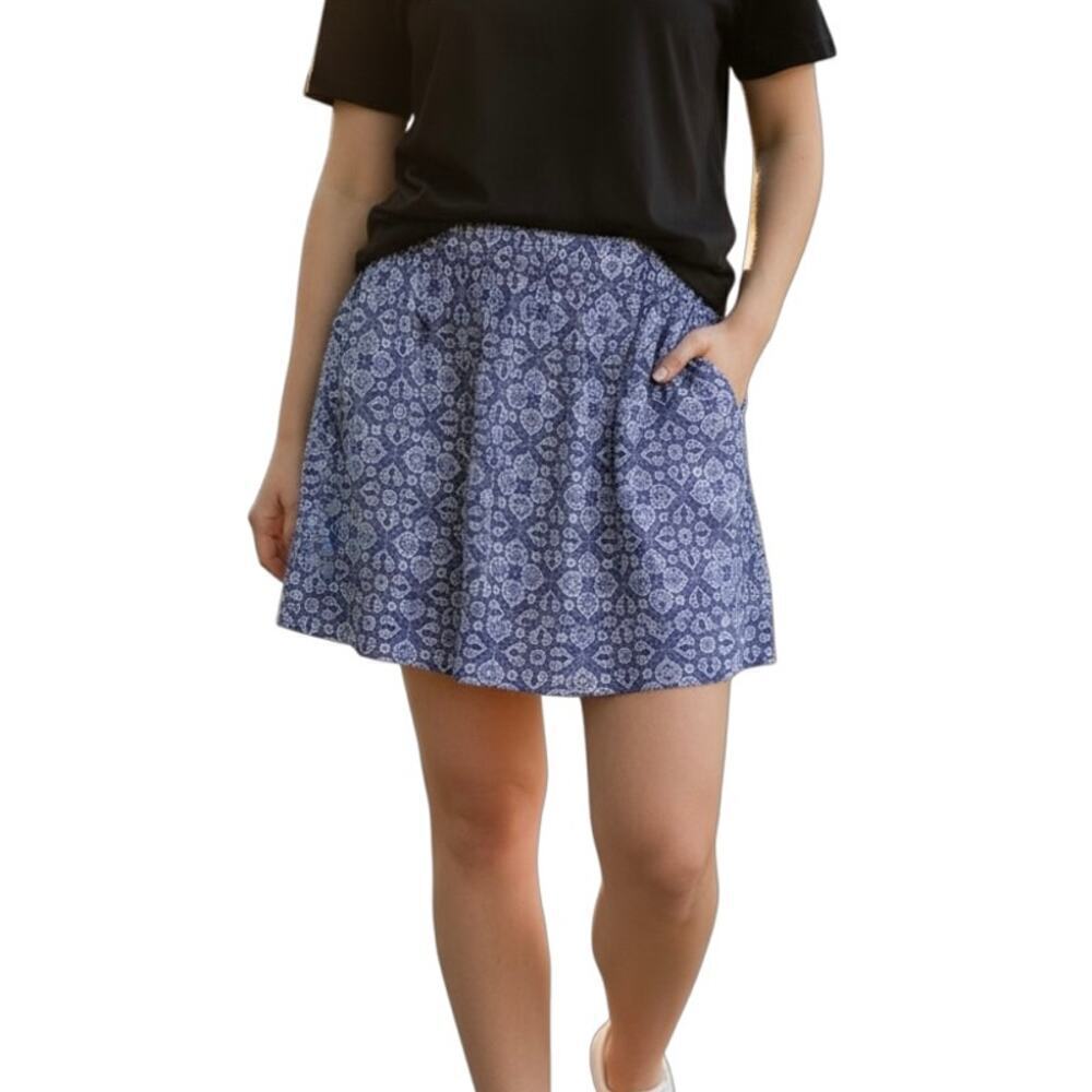 J. Crew Women's Mini Skirt Size M Blue Geometric Print 100% Cotton 37577 Pull On